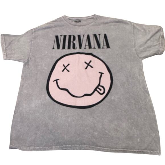 Nirvana Smiley Face Short Sleeve T-Shirt Gray Pink Graphic Vintage Band Size 1X - Picture 1 of 6